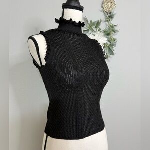 Zara Italian Yarn Knit Textured Frill Collar Sleeveless Top, Ribbed High Collar